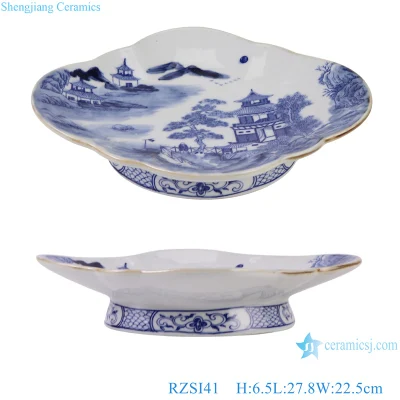 Jingdezhen – assiette de fruits en céramique, motif de paysage en porcelaine bleue et blanche, forme ovale, pied haut
