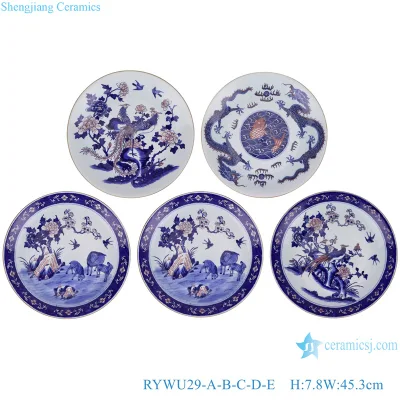 Assiette décorative pour la maison, paysage peint à la main rouge sous glaçure bleu et blanc, motif de Dragon, de fleur de phénix et d'oiseau
